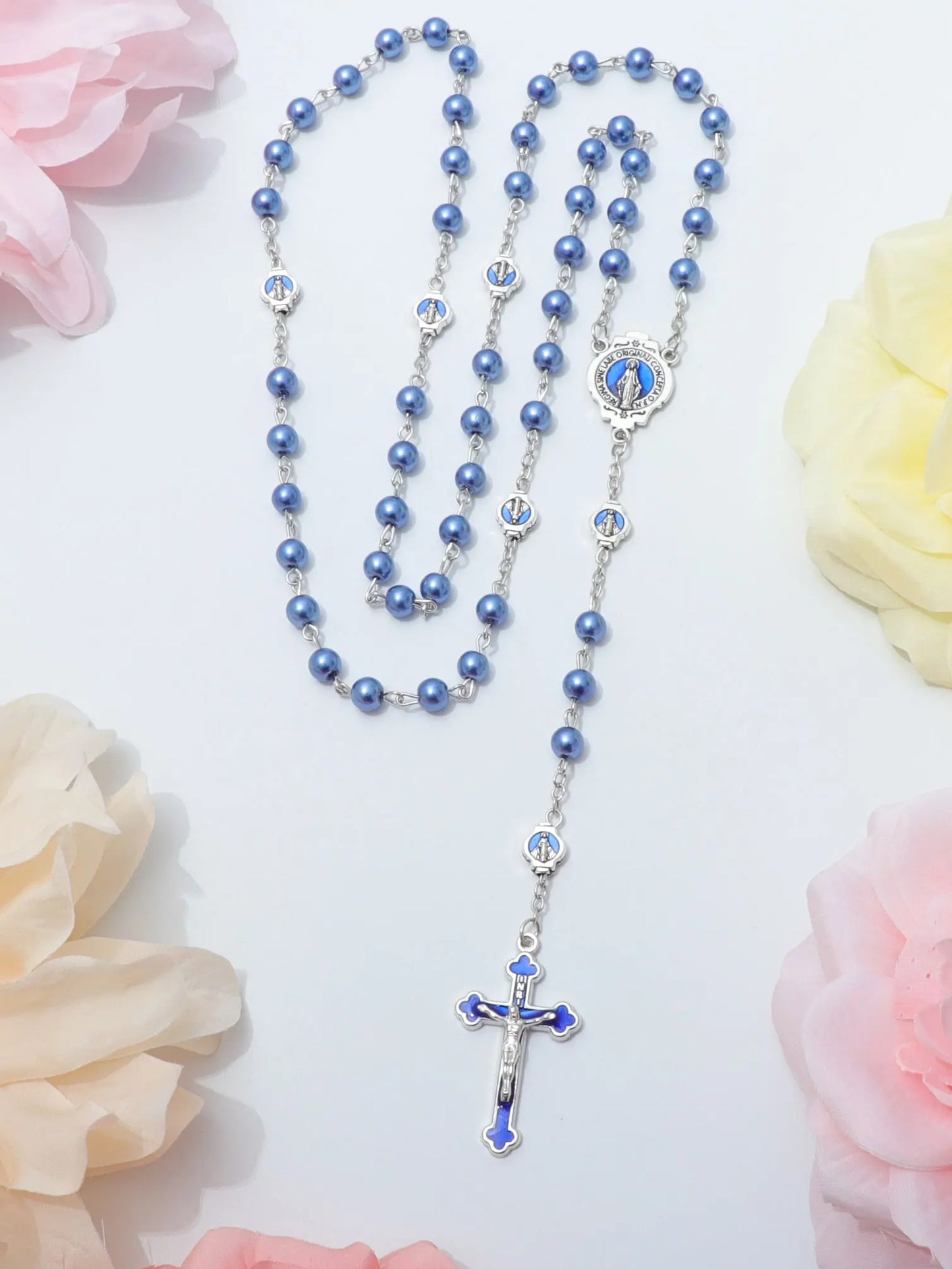 ブルーロザリオネックレス レディース メンズ 祈りビーズ ロングチェーン 宗教的 聖母マリア 十字架ペンダント メンズ パーティー ジュエリー ギフト