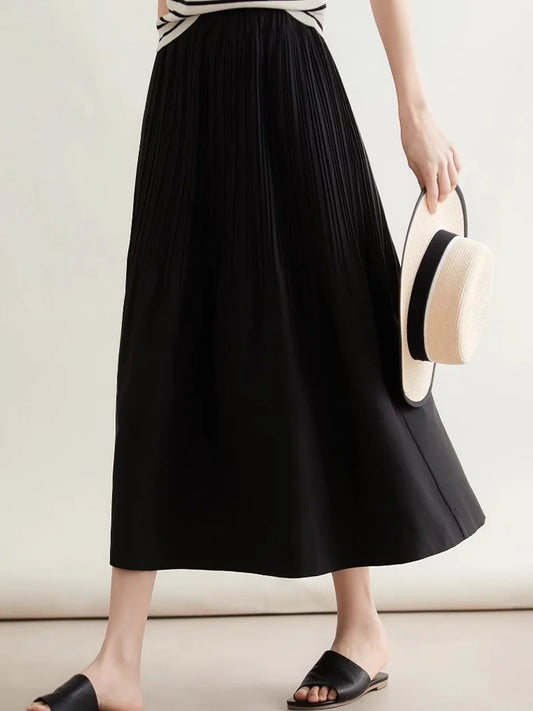 Women's Pleated Long Skirt, Elegant, Casual, Classy Romantic Fabric, Soft Lining, Japanese and Korean French Style