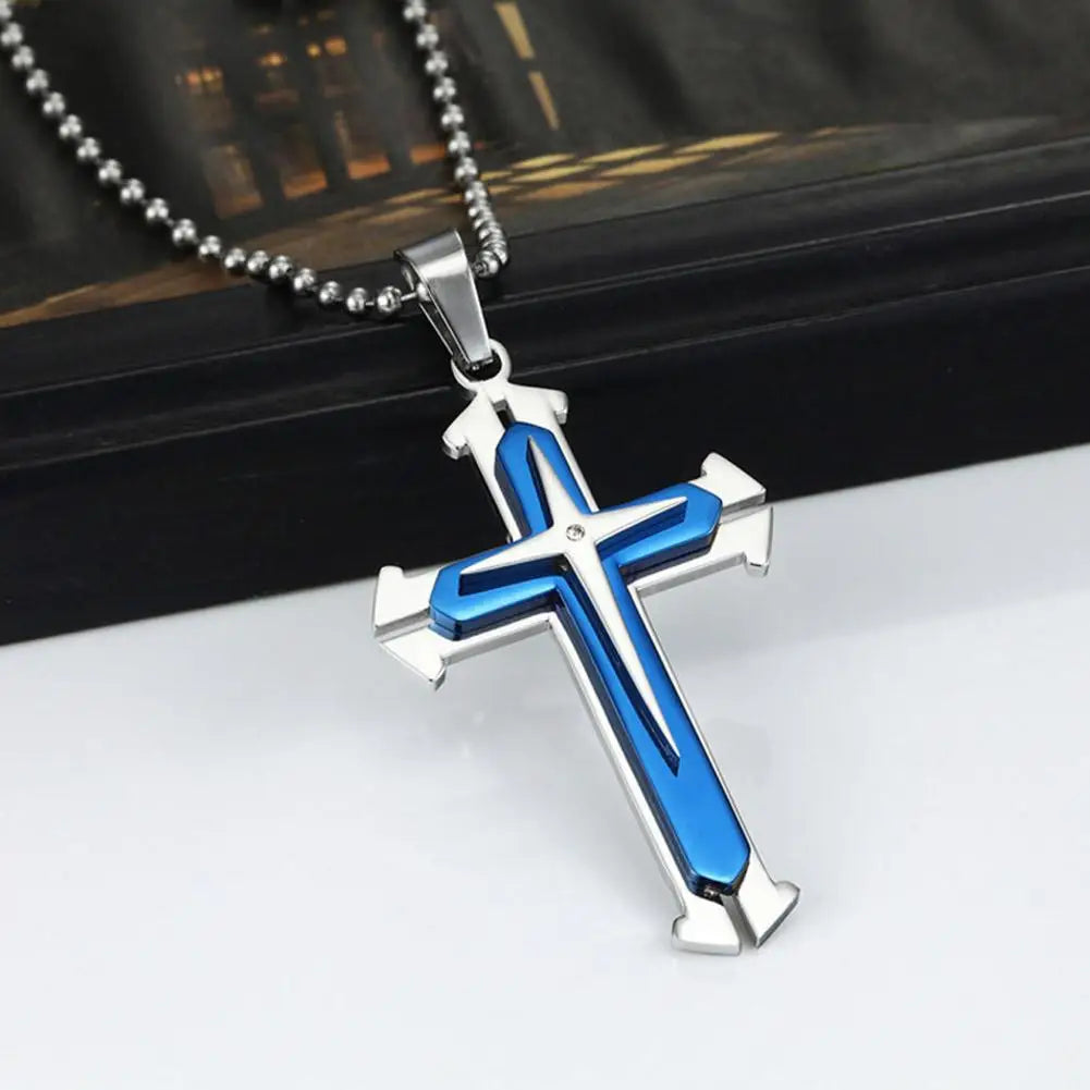 Vintage Crosses Pendant Necklace With Bead Chain Jewelry Necklace Blue Fashion Patterned Men Accessories Alloy Cross