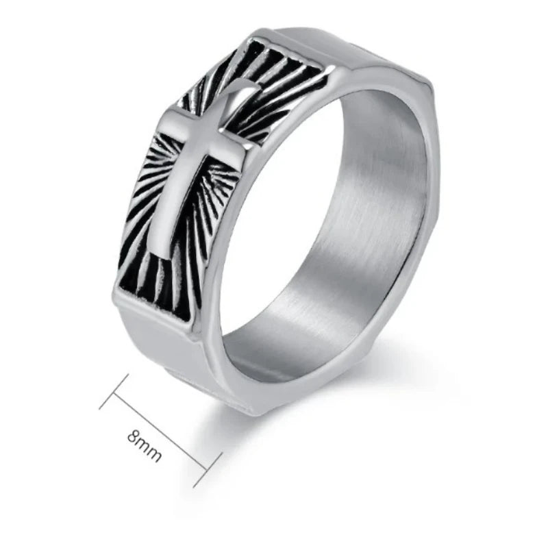 ヴィンテージ ホーリーライト クロスリング メンズ ステンレススチール タリスマンリング 宗教的信仰ジュエリー イースター ハロウィン 感謝祭ギフト