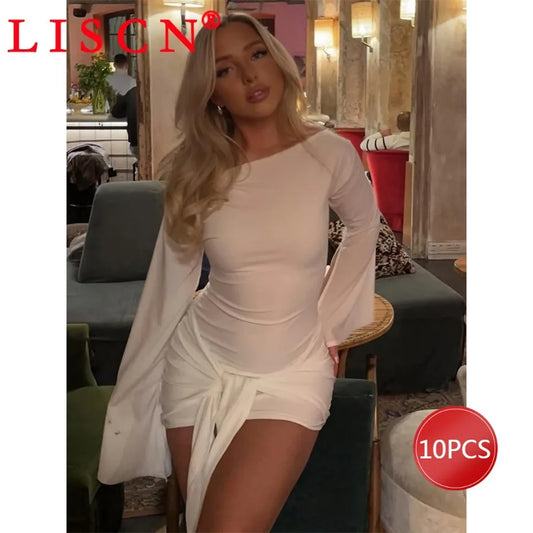 10 Bulk Items Wholesale Lots Dresses Women Long Sleeve Skew Collar Bandage Bodycon Dress Sexy Club Party Y2k Clothing K15812_1