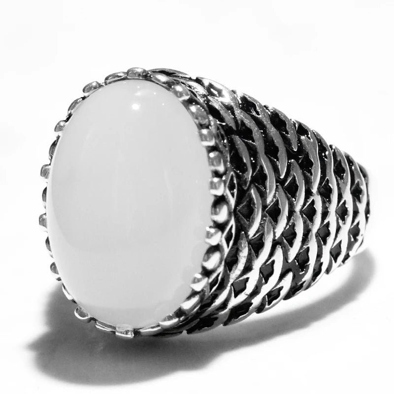 S925スターリングシルバーリングトルコメンズハンドメイドジュエリーギフト天然ホワイトアゲートヴィンテージパンクラグジュアリーホリデーギフト