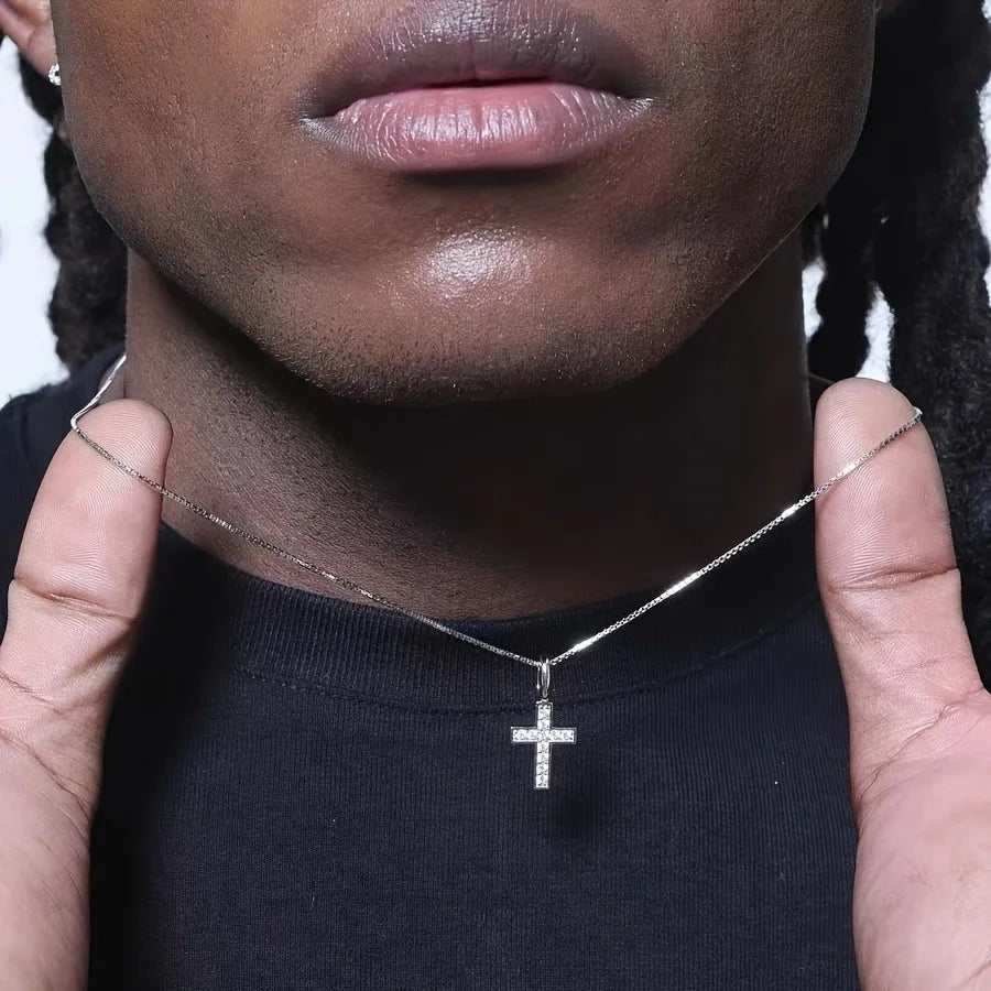 メンズ・ボーイズ用ミニクロスネックレス、防水フルジルコンクロスペンダントネックレス、ヒップホップラップクールカラーギフト