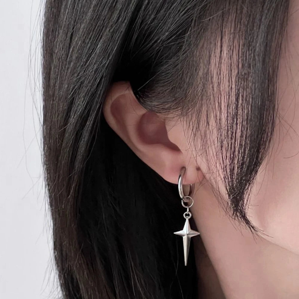 925シルバーニードルメンズクロススターパンクダングルイヤリングゴシックレディースクロスイヤーフープイヤリングハギーペンダントピアスジュエリー