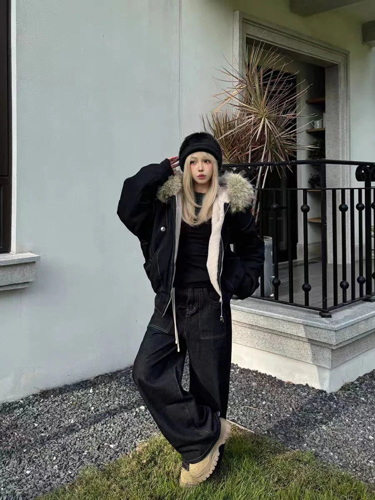 アメリカンスタイル レトロ ファーカラー イミテーションミンクファー フード付き コットンパッド入り ジャケット レディース&amp;メンズ ゴシック ヒップホップ カジュアル ジッパー パーカー