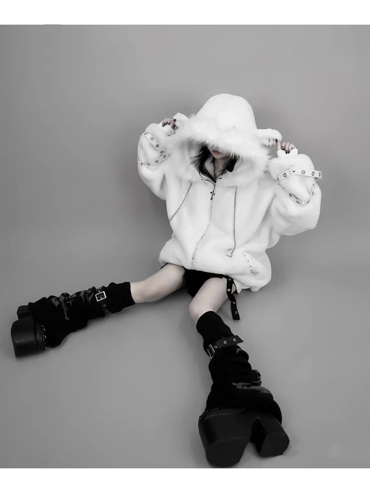 マウロイカルディ 秋冬 オーバーサイズ 暖かい ソフト ホワイト フェイクファーコート レディース フード付き 原宿系 ファッション ふわふわ ジャケット ストリートウェア 2025