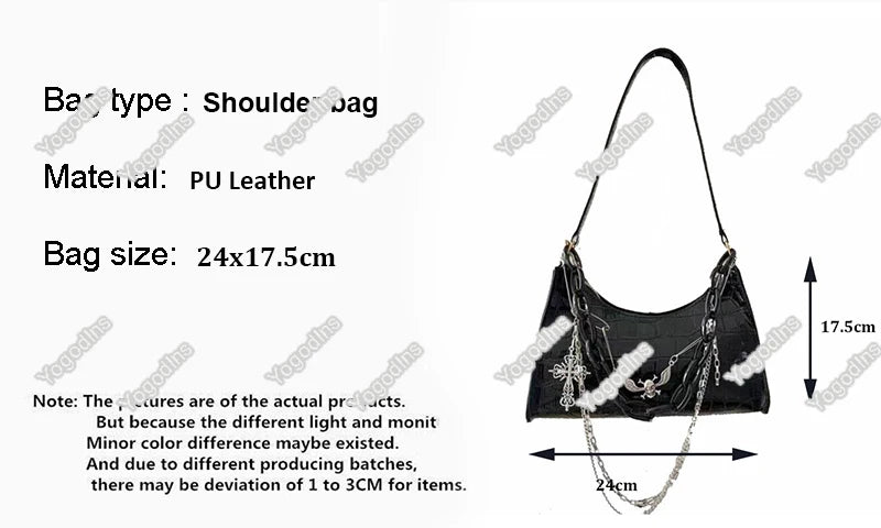 クロコダイル柄ハンドバッグ Y2K クロススカル ショルダーバッグ ホットガールチェーン サマーサブカルチャー ダークパンク アンダーアームバッグ