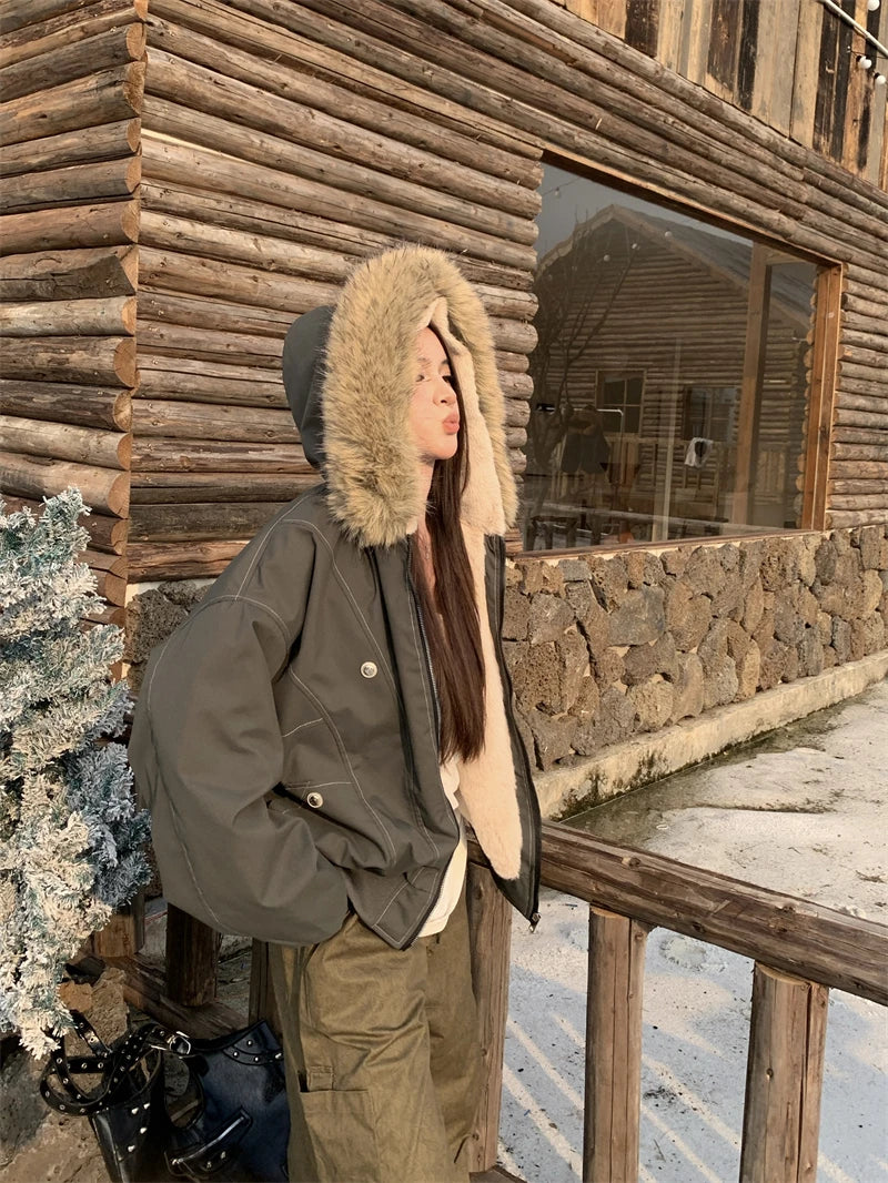 ZAROY レディース&amp;メンズ 冬用ジャケット Y2K ストリートウェア ファーカラー フード付き カジュアル ルーズコート 暖かい 原宿系 パーカー ゴシック パーカー куртк