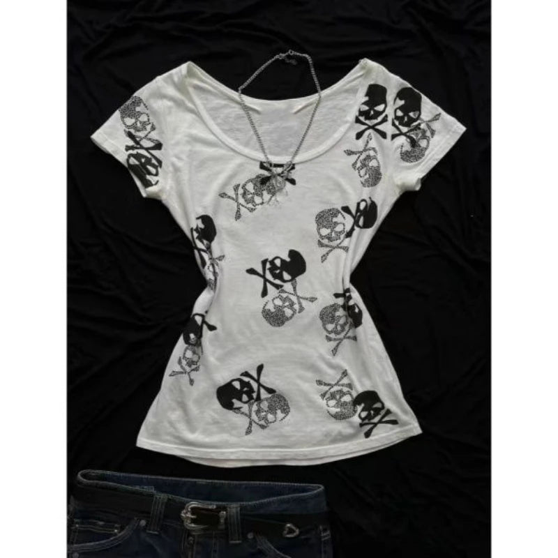 2000年代ヴィンテージY2Kクロップトップレディース半袖スリムプリントTシャツサブカルチャー原宿系ファッション韓国パンクゴシックTシャツアウターウェア