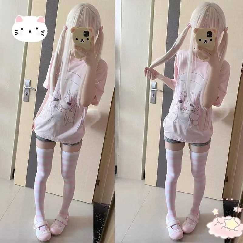 Y2k Women Clothing Cute Cartoon Summer Short Sleeve Tops Loose Anime Print Subculture T Shirts Haraiuku New Kawaii Sweet Tees