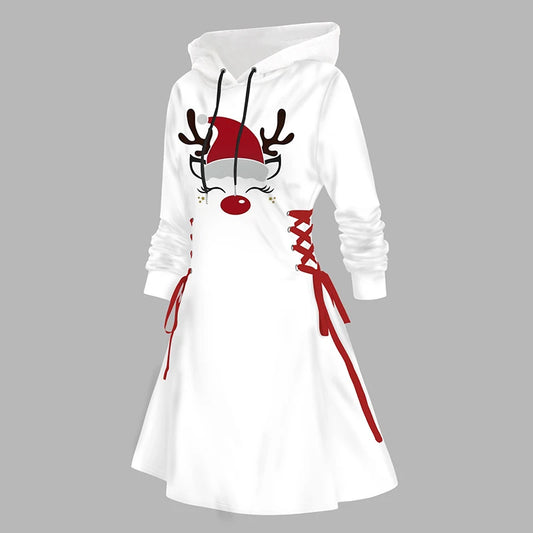 2024 Women's Christmas Hoodie Dresses Hat Elk Face Pattern Lace Up Hooded Dress Long Sleeve A Line Mini Dress