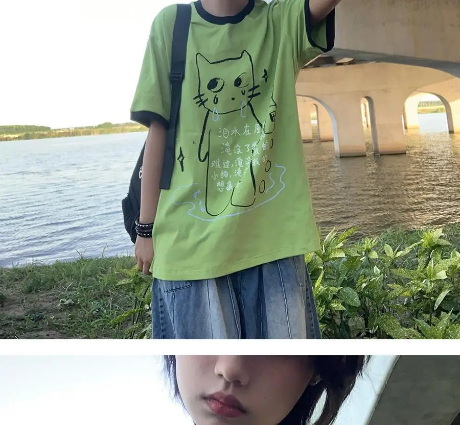 日本のサブカルチャー かわいい猫プリント 半袖Tシャツ レディース 夏 ヴィンテージ グリーン カジュアル ゆったり スウィートガール Y2K トップス