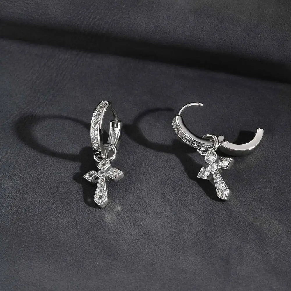 Vnox クロスペンダントフープイヤリング メンズ ボーイズ 27.6mm シルバーカラー 銅ジルコン パンクジュエリー ゴシックスタイル 誕生日パーティーギフト