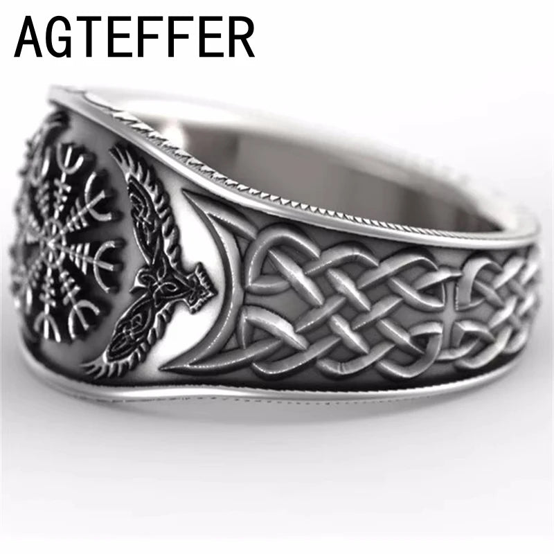 北欧神話の物語、バイキングケルトコンパス、レトロなグラフィティメッキS925タイシルバーリング（男性用）