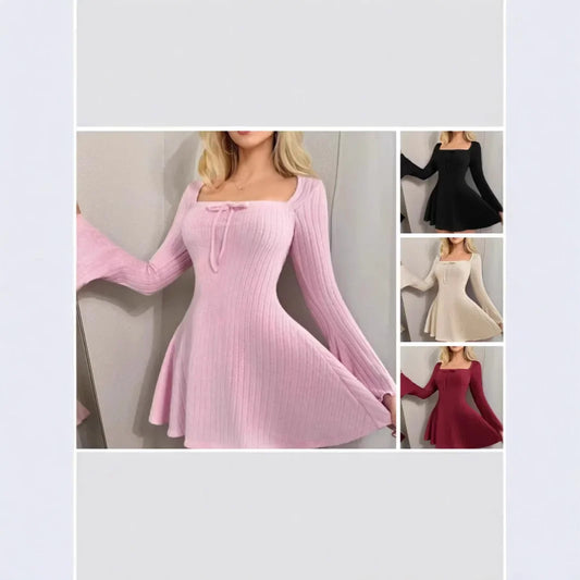 Autumn Winter New Style Women's Long Sleeve Square Collar Slim Fit A- Line Dress Empire Waist Mini Skirt Fashionable Dress