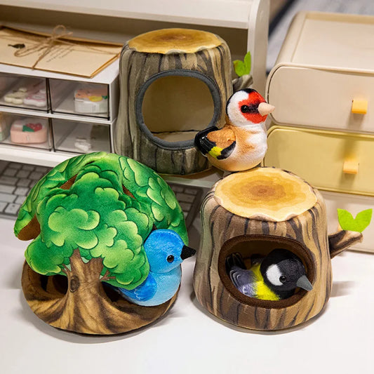 Creative Plush Tree House and Bird Doll Toys Simulation Stump Stuffed Cute Animal Doll Home Office Decor Funny Gift for Girls