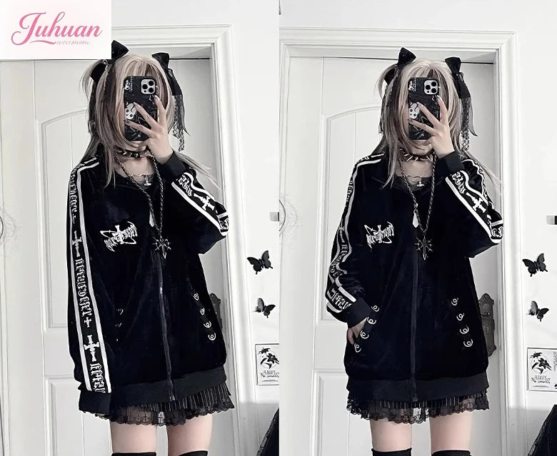 オリジナルサブカルチャーY2Kゴスベルベットプリントジッパージャケット秋新作ストリートパンクダークルーズスポーツコート原宿カジュアルジャケット