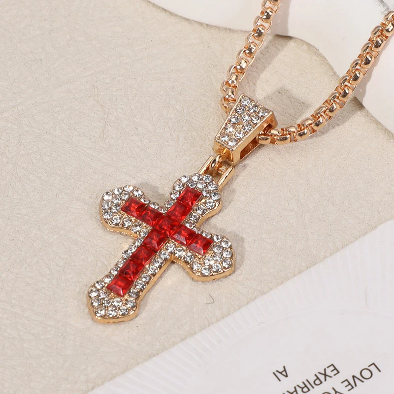 ラインストーンクロスペンダントネックレス メンズ レディース 万能セーターチェーン ヒップホップクロスネックレス ジュエリーアクセサリー ギフト