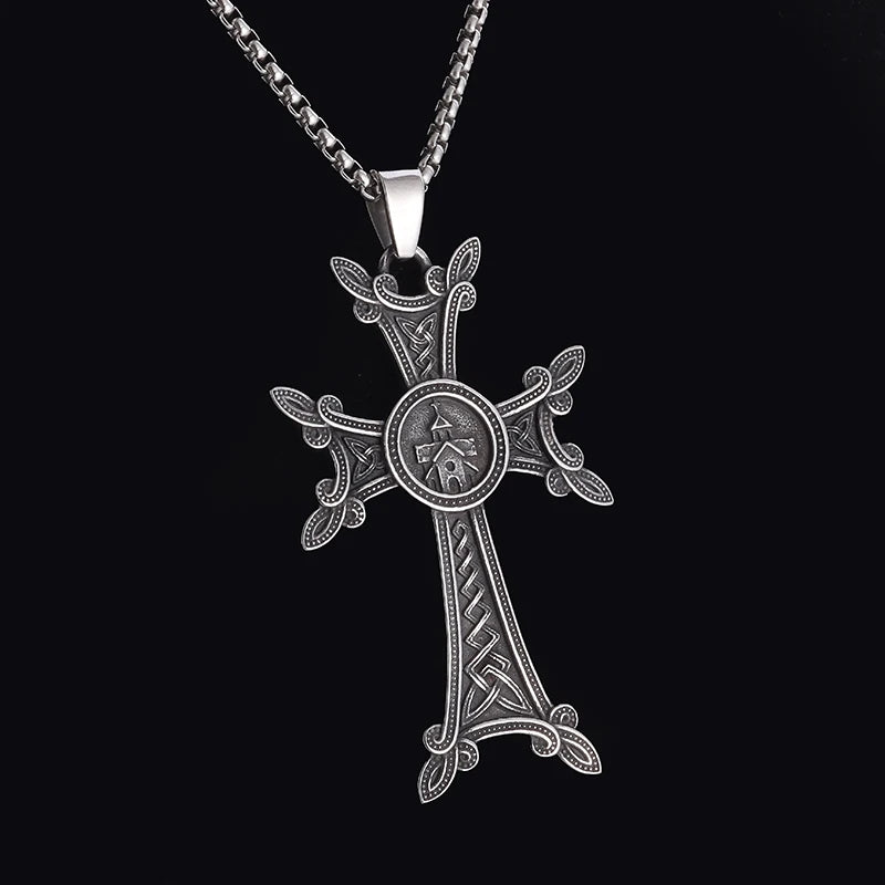 Stylish Valknut Celtic Cross Pendant Necklace Armenian Cross or Khachkar Cross Jewelry for Men