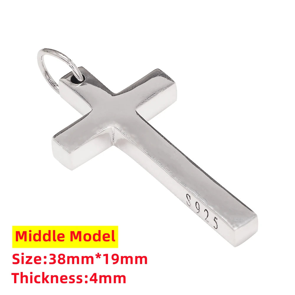 Real Solid 925 Silver Cross Pendant for Men Women Minimalist High Polished Fashion Classic Jesus Christian Prayer Jewelry