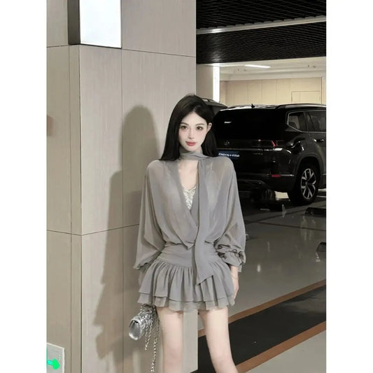 Gray Sash Cross V-Neck Long Sleeve Dress Women Early Autumn Elegance Chiffon Mini Skirt Ladylike Wind A- Line Skirt