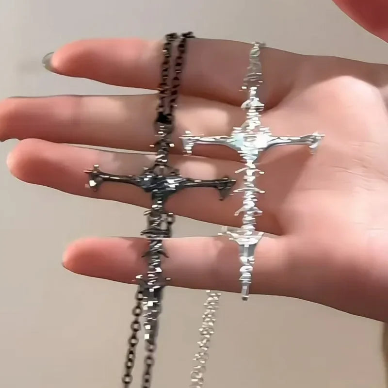 1/2Pcs Unisex Cross Pendant Necklace for Men Women Punk Silver Black Hip Hop Gothic Punk Long Pendant Necklace Jewelry Accessory