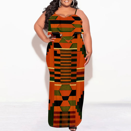 Women's Plus Size African Kente Print Maxi Dress XL-6XL Spaghetti Strap Ruffle Top Summer Party Long Sundress