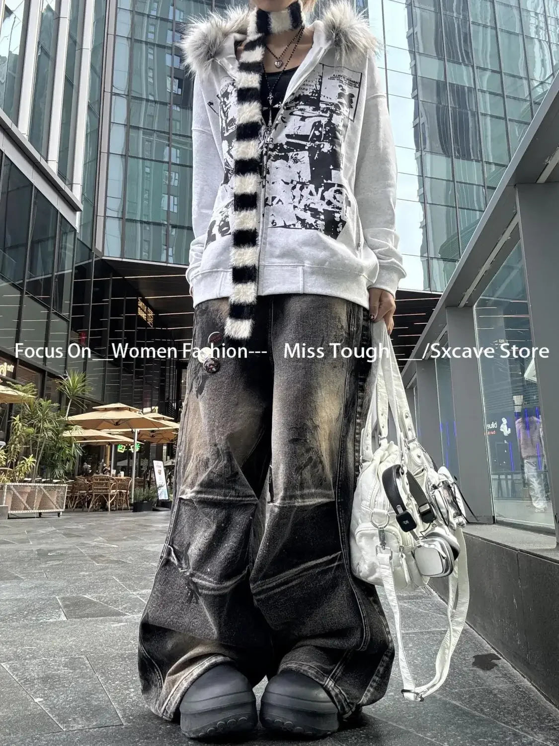 韓国ファッション スウェットシャツ 原宿系 ゴシック プリント コート ジャケット サブカルチャー ヴィンテージ フェイクファー フード付き レディース カジュアル Y2K 服