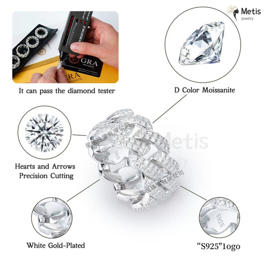 Gra Certified Full Moissanite Diamond Cuban Rings for Men Women 100% 925 Sterling Silver Hip Hop Double Row Eternity Band Ring