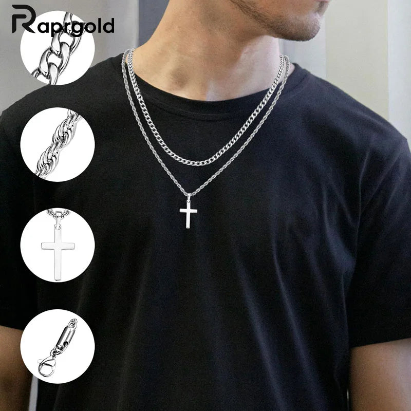 RAPRGOLD 925スターリングシルバークロスペンダントネックレス男女兼用ダブルレイヤーキューバロープチェーンファインジュエリーギフト