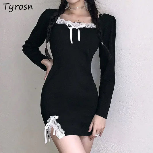 Long Sleeve Dress Women Design Patchwork Lace Bow Square Collar Side-slit A-line Empire Black Sexy Mini Bodycon Dresses Feminine