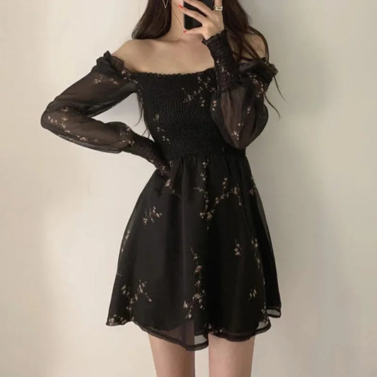 Women's Long Puff Sleeve Chiffon Dress, Sexy Black Dress Vintage Flower Casual Mini Party Dresses New Summer 13676