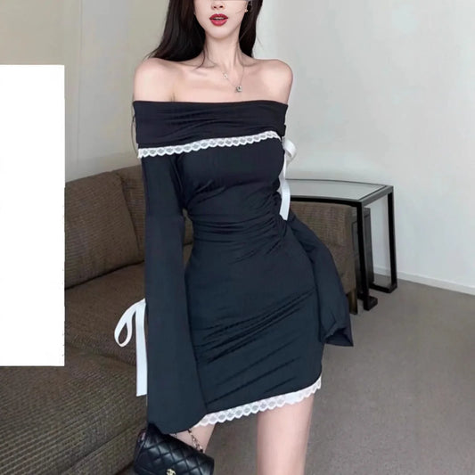 Elegant French Style Lace Splice One Shoulder Long Sleeve Black Dress Women's Sexy Flared Sleeve Bodycon Short Skirt Dress