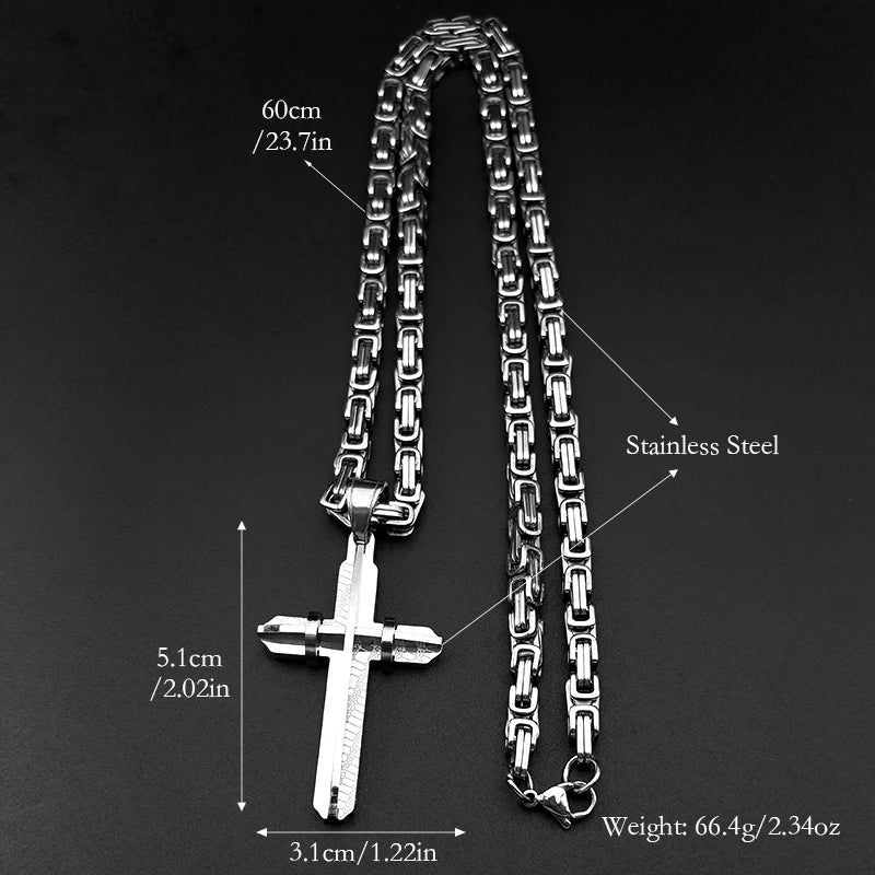 イエス・キリストの十字架 男性用十字架 ヒップホップネックレス ステンレススチール 金メッキ クリスチャンパンク ビザンチンチェーン ジュエリー ギフト