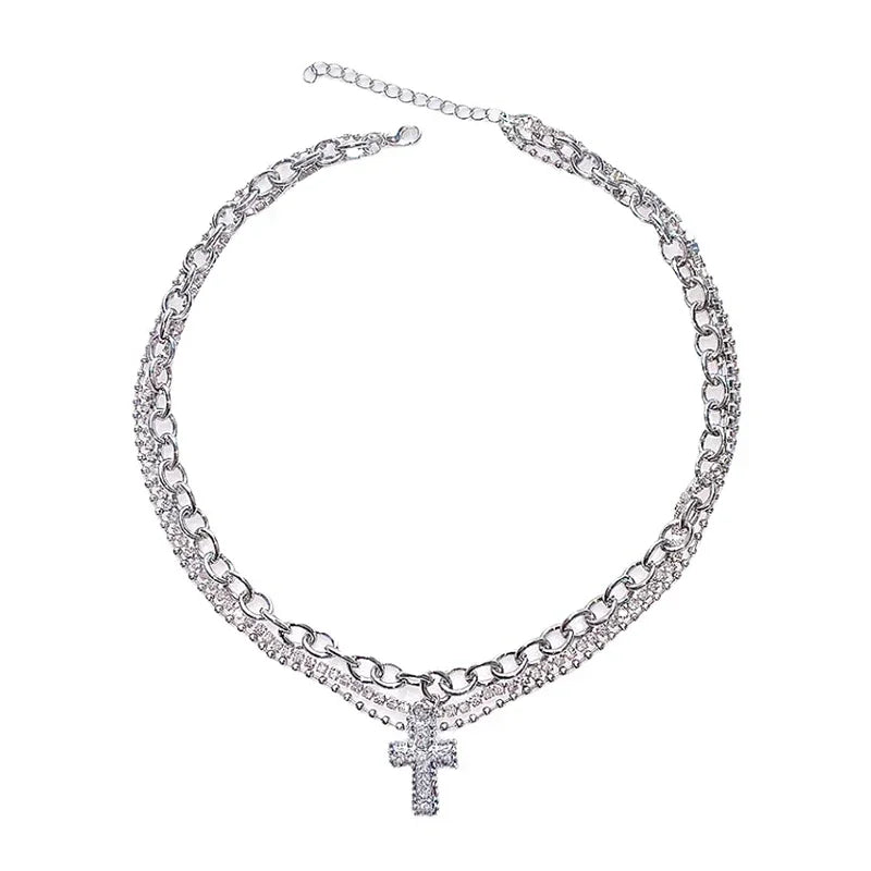 女性用クロスペンダントネックレス ゴシック Y2K スタイル マルチレイヤー ジルコン 鎖骨チェーン 誕生日パーティー ファインジュエリーアクセサリー