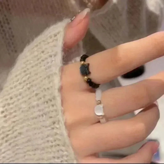 2pcs Natural Moonstone Obsidian Rings Beads Minimalist Ring Cute Black White Cat Ring Women Men Party Accessories Jewelry