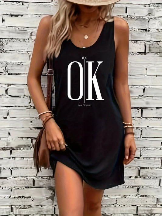 Women's summer loose and comfortable casual it's okay don't worry letter printed black sleeveless vest dress punk style dress