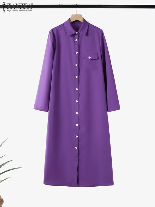 ZANZEA Office Casual Collared Shirtdress Women Autumn Fashion 3/4 Sleeve Button Up Midi Dresses Commuting Solid Color Robe Femme