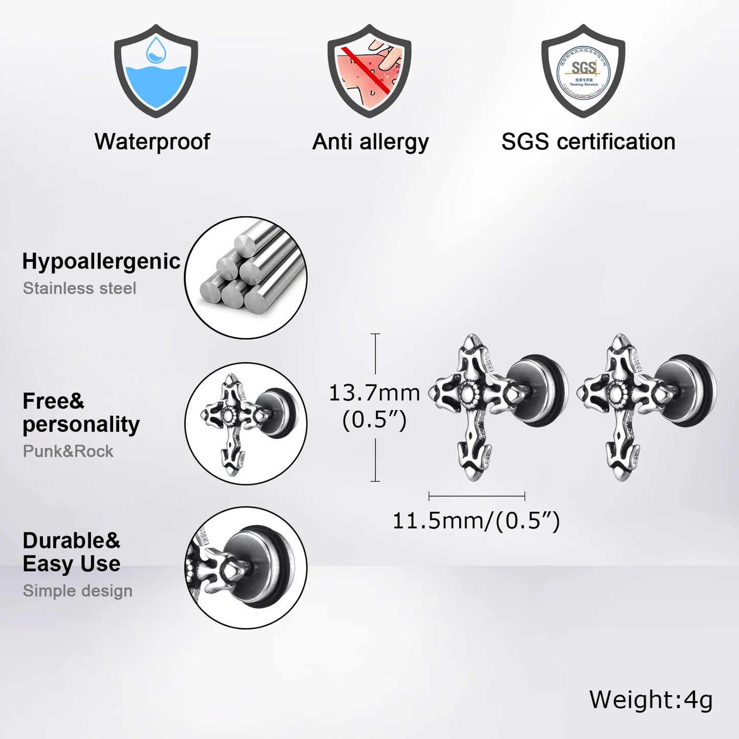 ゴシッククロスイヤリング メンズ ボーイズ用 防水ステンレススチールスタッドイヤリング ロックパンク 祈りのジュエリー ハロウィンギフト