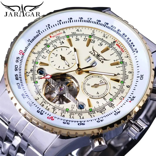Jaragar 034 Top Brand Retro Blue Automatic Multifunctional Watch Stainless Steel Date Tourbillon Hollow Skeleton Watch Men Watch