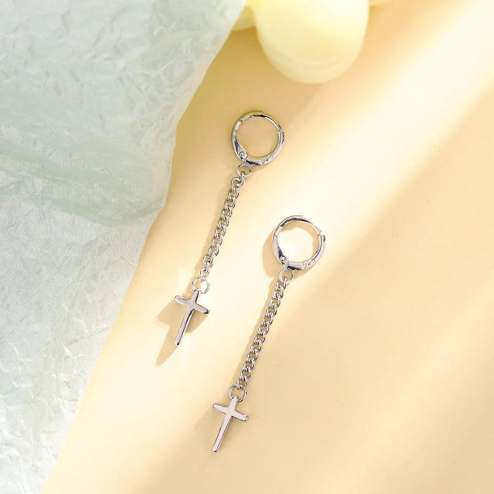 リアルマネー 925 スターリングシルバー ロングタッセル クロスライン フープピアス レディース ウェディングパーティーギフト ジュエリー