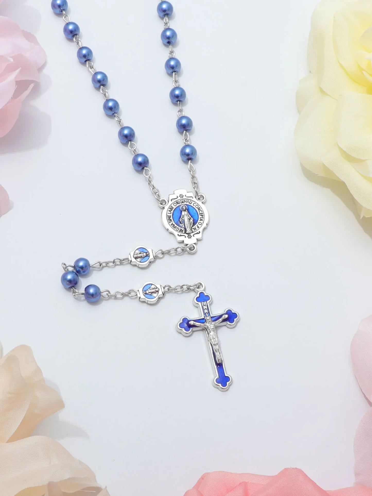 ブルーロザリオネックレス レディース メンズ 祈りビーズ ロングチェーン 宗教的 聖母マリア 十字架ペンダント メンズ パーティー ジュエリー ギフト