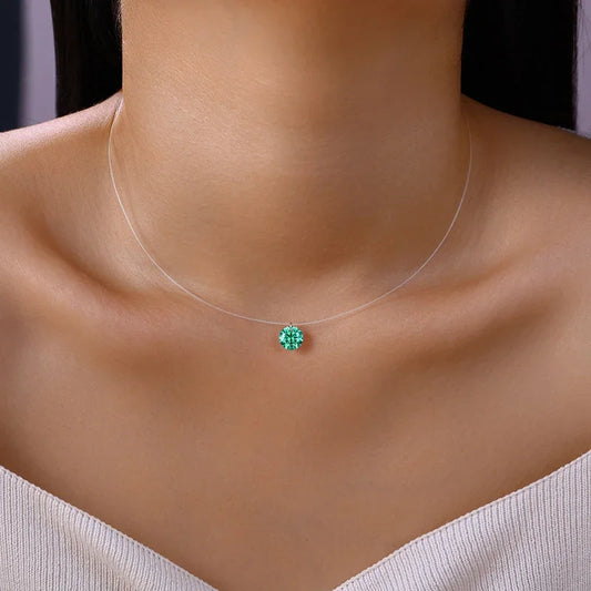 JIUZUAN 2ct Aqua Blue Moissanite Necklace S925 Silver Invisible Wire Pendant for Women Minimalist Elegant Daily Wear Necklace