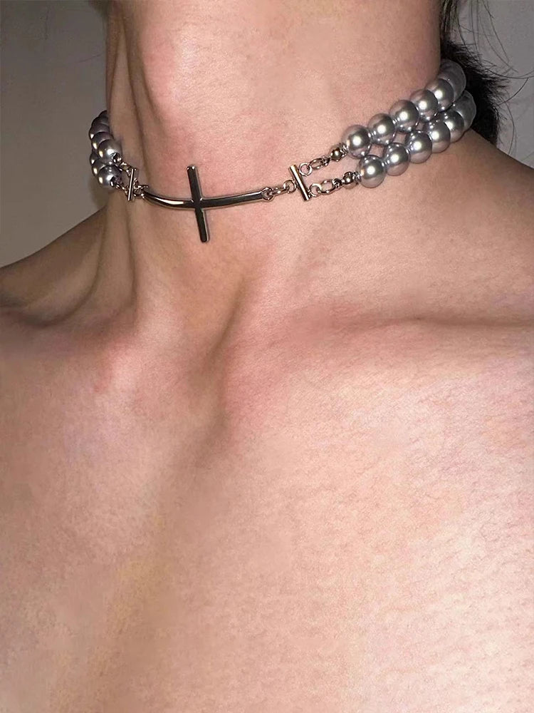 2024 New Pearl Cross Necklace Beaded Punk Cool Unisex Couple Trendy Neck Accessories Choker for Women Men Jewelry