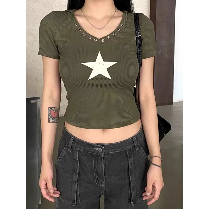 2000年代アメリカンヴィンテージTシャツ レディース 半袖 レトロ ボディコン Y2K クロップトップ オフィスレディ 韓国ファッション 原宿 サブカルチャーTシャツ