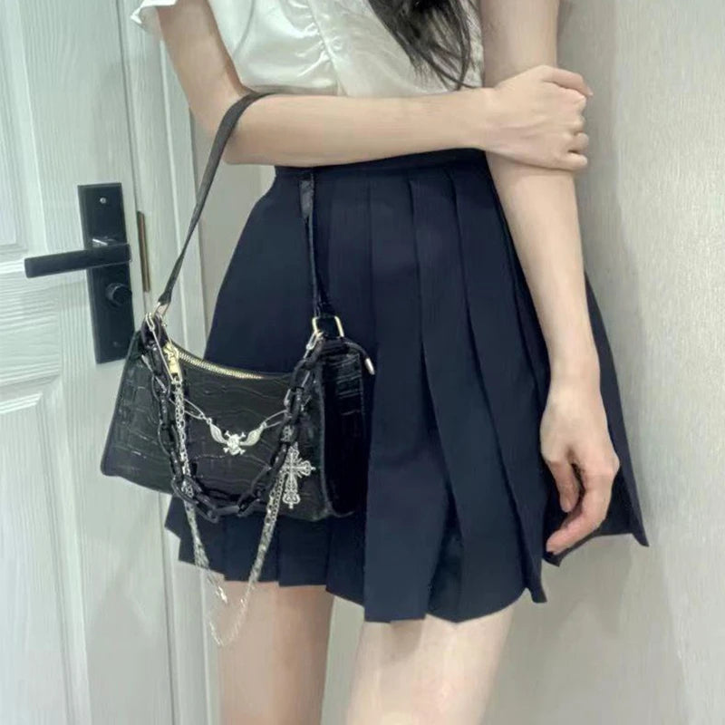 クロコダイル柄ハンドバッグ Y2K クロススカル ショルダーバッグ ホットガールチェーン サマーサブカルチャー ダークパンク アンダーアームバッグ