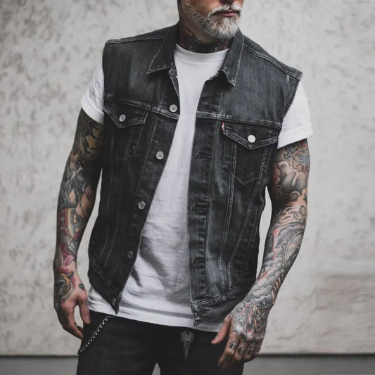 2024 new men's denim jacket retro fashion motorcycle sleeveless denim jacket high street handsome motorcycle vest men's clothing