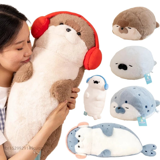 High Quality Genuine Kawaii Cartoon Sea Creature Otter Plush Doll Pillow Headset Blue Seal Otter Stuffed Animal Birthday Gift