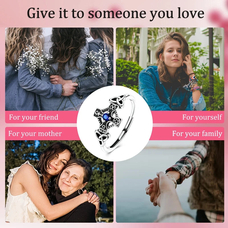 オリジナル925スターリングシルバー ゴールドカラー ケルトノットクロス オープンリング レディース ガールズ ジュエリー 誕生日 記念日 ギフト