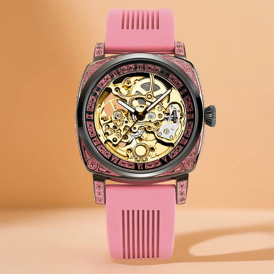A women's pink tape fashionable Roman numeral tourbillon automatic mechanical watch